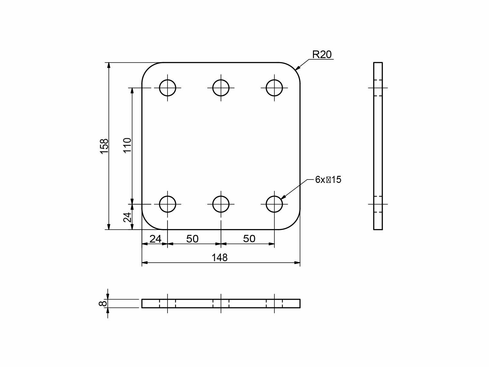 Runkokiinnikelevy 158x148x8 mm CC:50 mm, webshopProducts - 